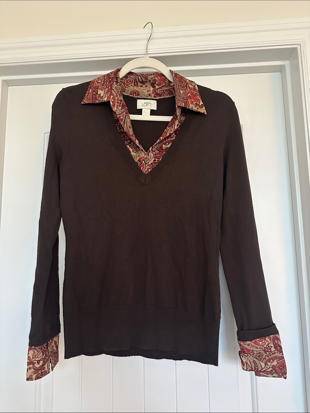 LOFT Brown V-Neck Sweater with Paisley Trim